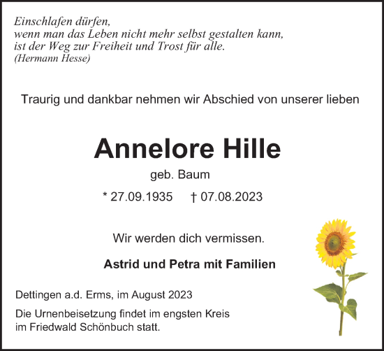 Traueranzeige von Annelore Hille von Braunschweiger Zeitung