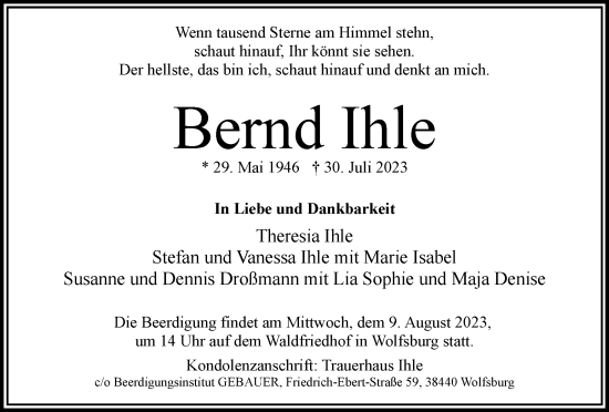 Traueranzeige von Bernd Ihle von Wolfsburger Nachrichten