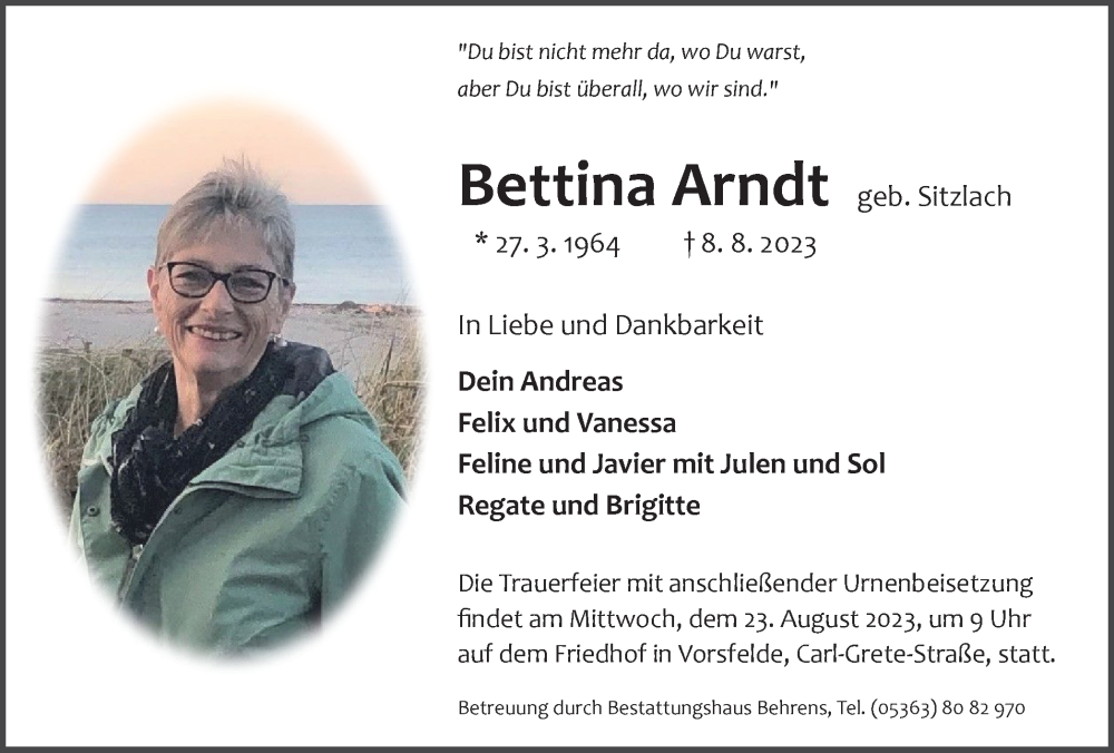  Traueranzeige für Bettina Arndt vom 12.08.2023 aus Wolfsburger Nachrichten