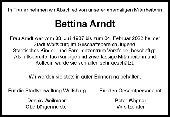 Traueranzeige von Bettina Arndt von Wolfsburger Nachrichten