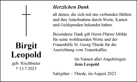 Traueranzeige von Birgit Leopold von Salzgitter-Zeitung