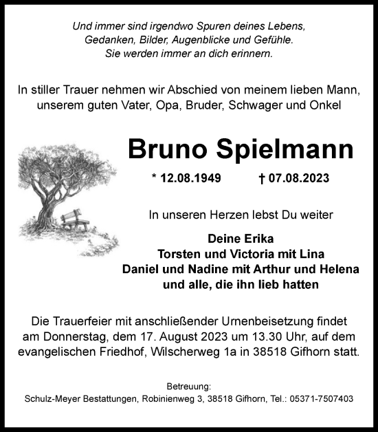 Traueranzeige von Bruno Spielmann von Braunschweiger Zeitung