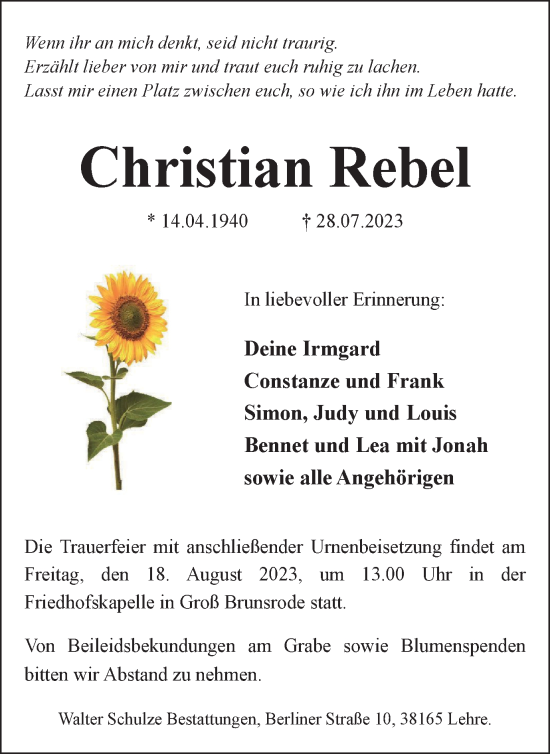 Traueranzeige von Christian Rebel von Helmstedter Nachrichten