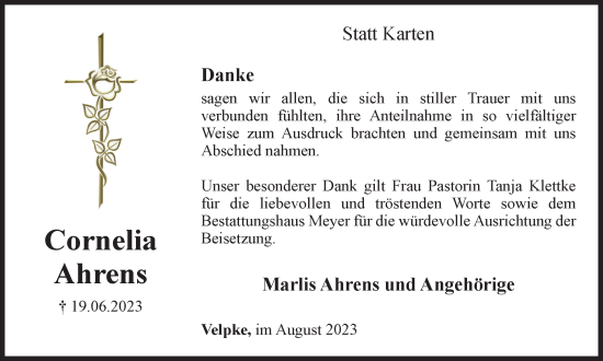 Traueranzeige von Cornelia Ahrens von Wolfsburger Nachrichten