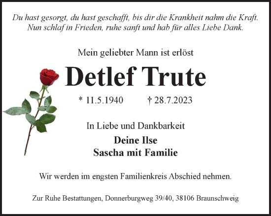 Traueranzeige von Detlef Trute von Braunschweiger Zeitung