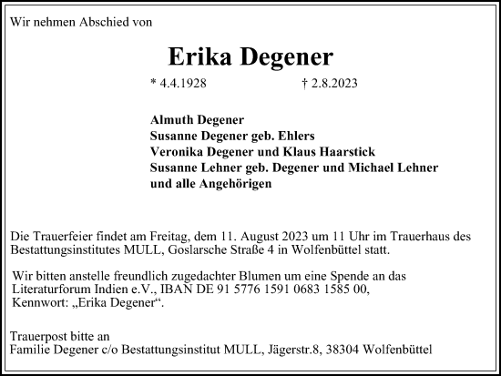 Traueranzeige von Erika Degener von Braunschweiger Zeitung