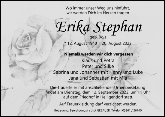 Traueranzeige von Erika Stephan von Wolfsburger Nachrichten