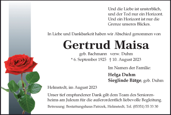 Traueranzeige von Gertrud Maisa von Helmstedter Nachrichten