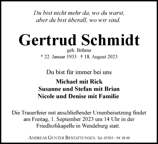 Traueranzeige von Gertrud Schmidt von Braunschweiger Zeitung