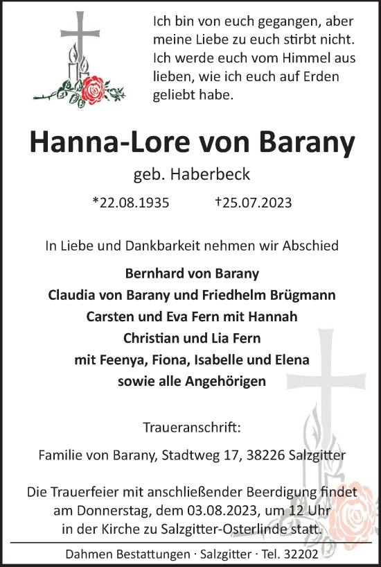 Traueranzeige von Hanna-Lore von Barany von Salzgitter-Zeitung