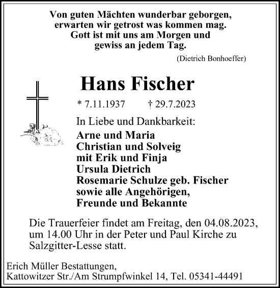 Traueranzeige von Hans Fischer von Salzgitter-Zeitung