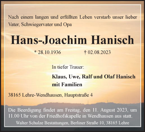 Traueranzeige von Hans-Joachim Hanisch von Helmstedter Nachrichten