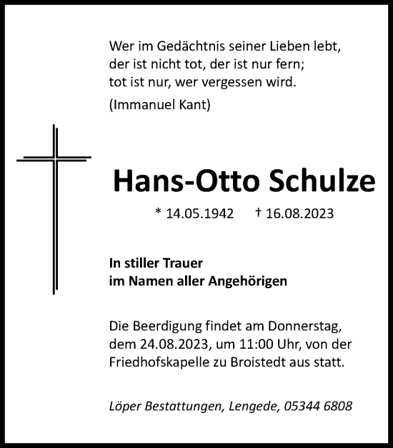 Traueranzeige von Hans-Otto Schulze von Peiner Nachrichten