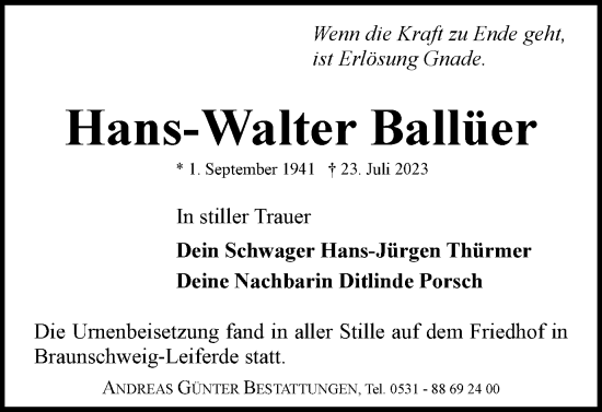 Traueranzeige von Hans-Walter Ballüer von Braunschweiger Zeitung