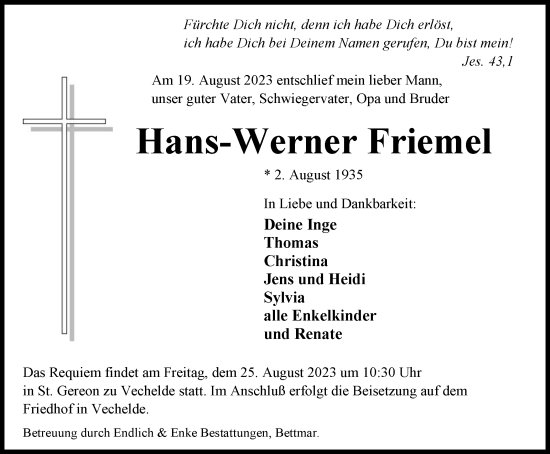 Traueranzeige von Hans-Werner Friemel von Peiner Nachrichten