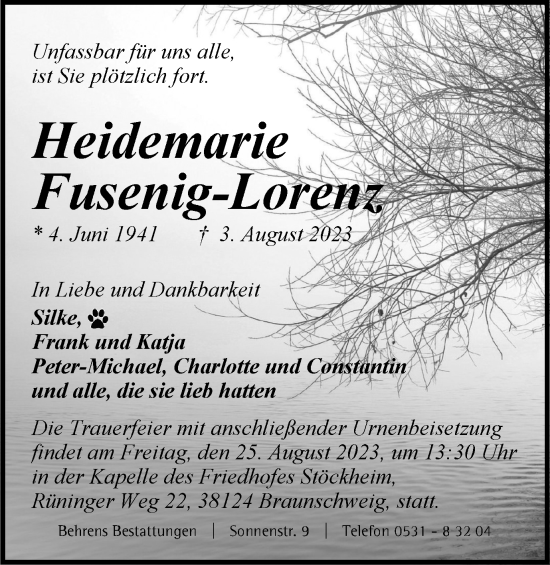 Traueranzeige von Heidemarie Fusenig-Lorenz von Braunschweiger Zeitung