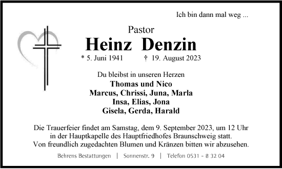 Traueranzeige von Heinz Denzin von Braunschweiger Zeitung