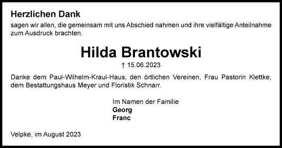 Traueranzeige von Hilda Brantowski von Helmstedter Nachrichten