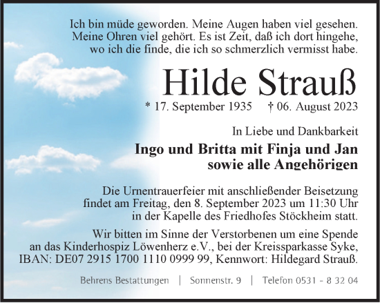 Traueranzeige von Hilde Strauß von Braunschweiger Zeitung