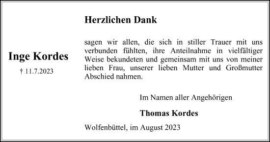 Traueranzeige von Inge Kordes von Wolfenbütteler Zeitung