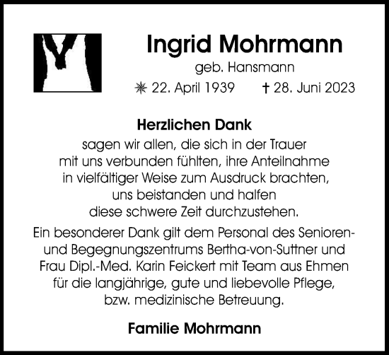 Traueranzeige von Ingrid Mohrmann von Wolfsburger Nachrichten