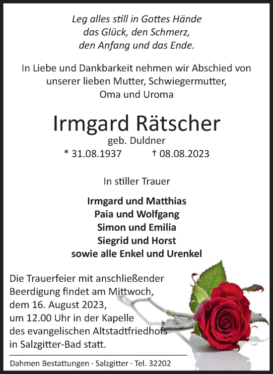 Traueranzeige von Irmgard Rätscher von Salzgitter-Zeitung