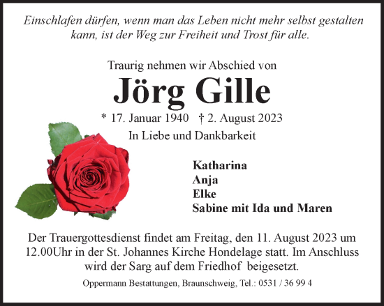 Traueranzeige von Jörg Gille von Braunschweiger Zeitung