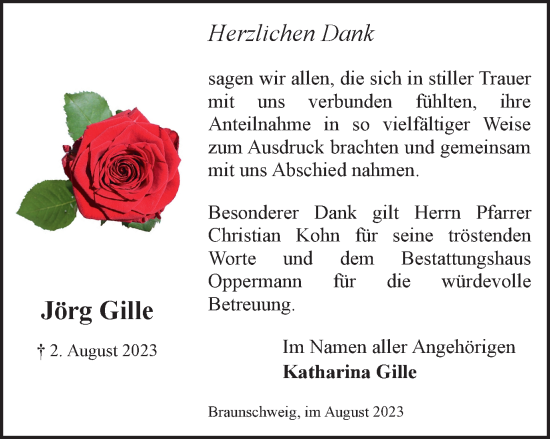 Traueranzeige von Jörg Gille von Braunschweiger Zeitung