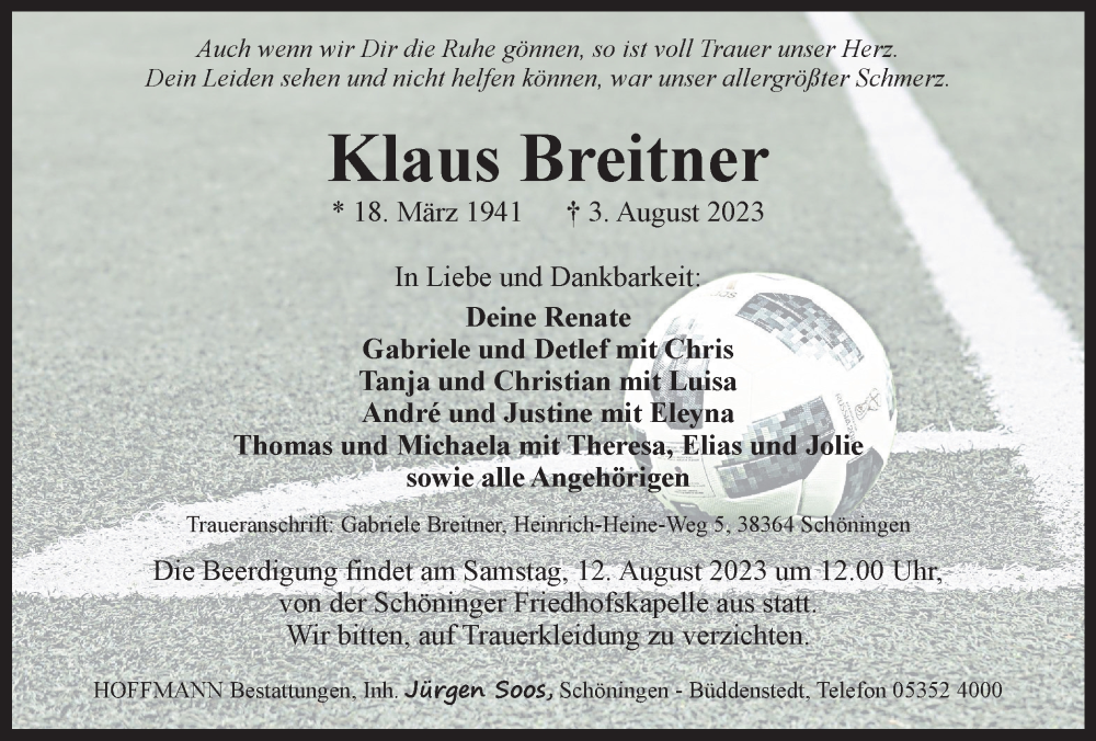  Traueranzeige für Klaus Breitner vom 08.08.2023 aus Helmstedter Nachrichten