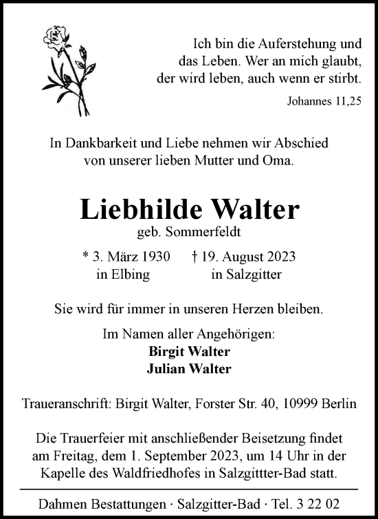 Traueranzeige von Liebhilde Walter von Salzgitter-Zeitung