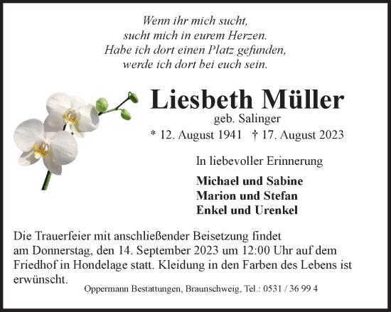 Traueranzeige von Liesbeth Müller von Braunschweiger Zeitung