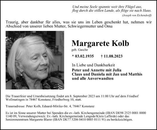 Traueranzeige von Margarete Kolb von Peiner Nachrichten