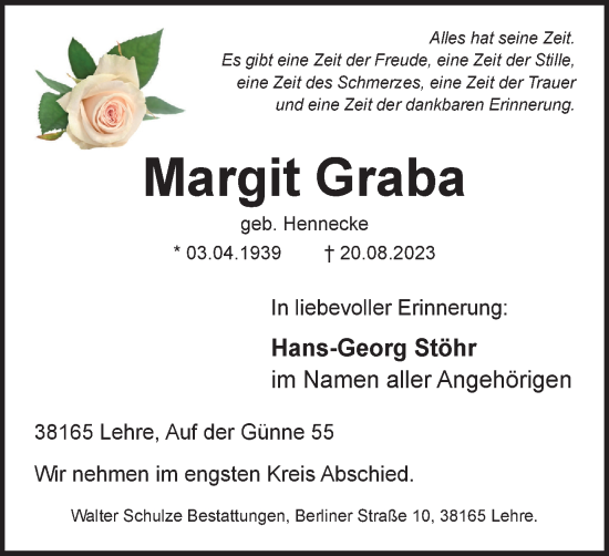 Traueranzeige von Margit Graba von Helmstedter Nachrichten