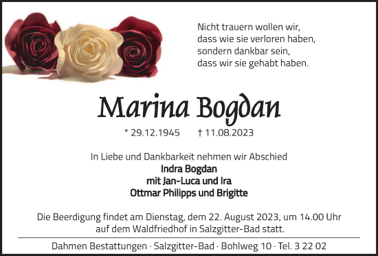 Traueranzeige von Marina Bogdan von Salzgitter-Zeitung