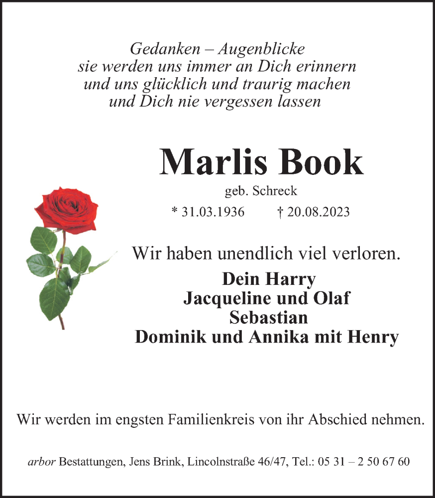 Traueranzeigen Von Marlis Book | Trauer38.de