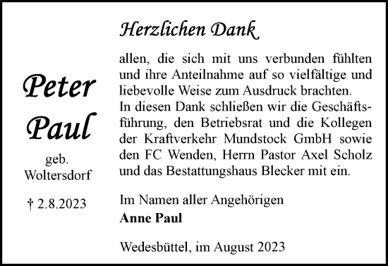 Traueranzeige von Peter Paul von Wolfsburger Nachrichten