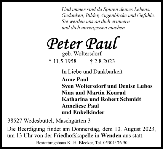 Traueranzeige von Peter Paul von Braunschweiger Zeitung