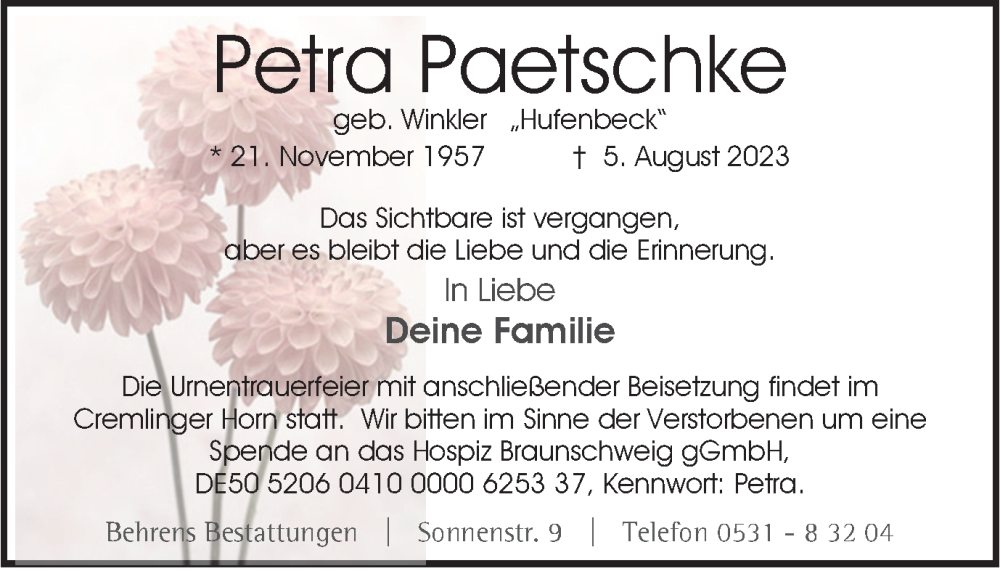  Traueranzeige für Petra Paetschke vom 12.08.2023 aus Braunschweiger Zeitung