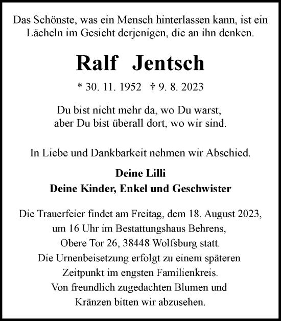 Traueranzeige von Ralf Jentsch von Wolfsburger Nachrichten