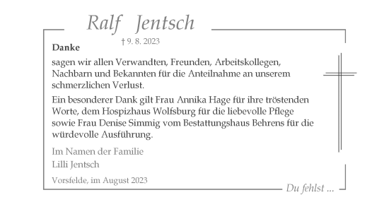 Traueranzeige von Ralf Jentsch von Wolfsburger Nachrichten