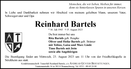 Traueranzeige von Reinhard Bartels von Braunschweiger Zeitung