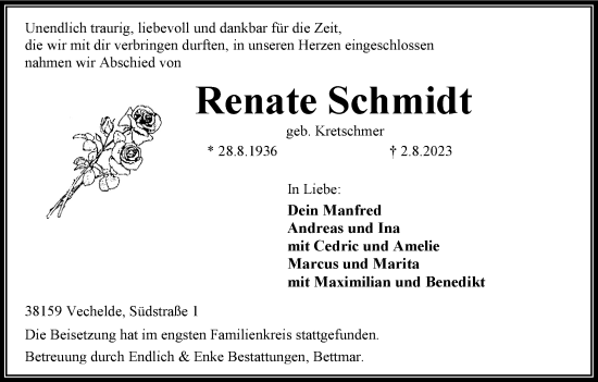 Traueranzeige von Renate Schmidt von Peiner Nachrichten