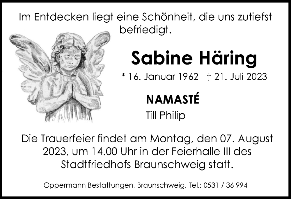  Traueranzeige für Sabine Häring vom 04.08.2023 aus Braunschweiger Zeitung