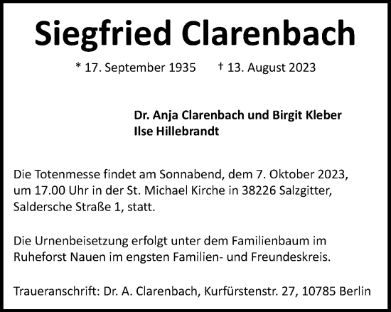 Traueranzeige von Siegfried Clarenbach von Salzgitter-Zeitung