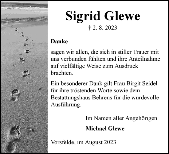 Traueranzeige von Sigrid Glewe von Wolfsburger Nachrichten