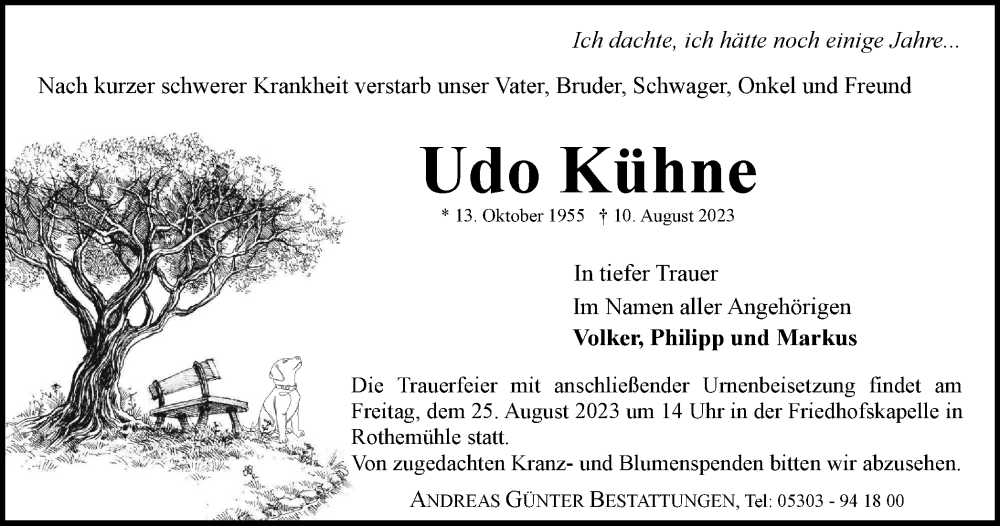  Traueranzeige für Udo Kühne vom 19.08.2023 aus Braunschweiger Zeitung