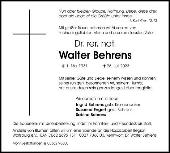 Traueranzeige von Walter Behrens von Wolfsburger Nachrichten