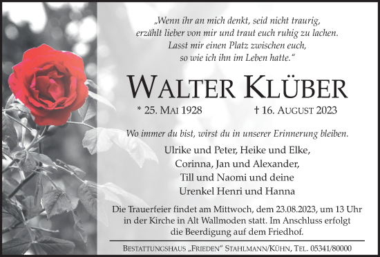 Traueranzeige von Walter Klüber von Salzgitter-Zeitung