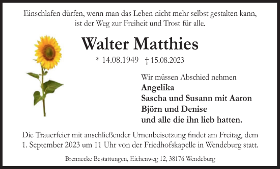 Traueranzeige von Walter Matthies von Peiner Nachrichten