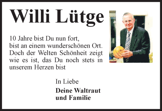 Traueranzeige von Willi Lütge von Peiner Nachrichten